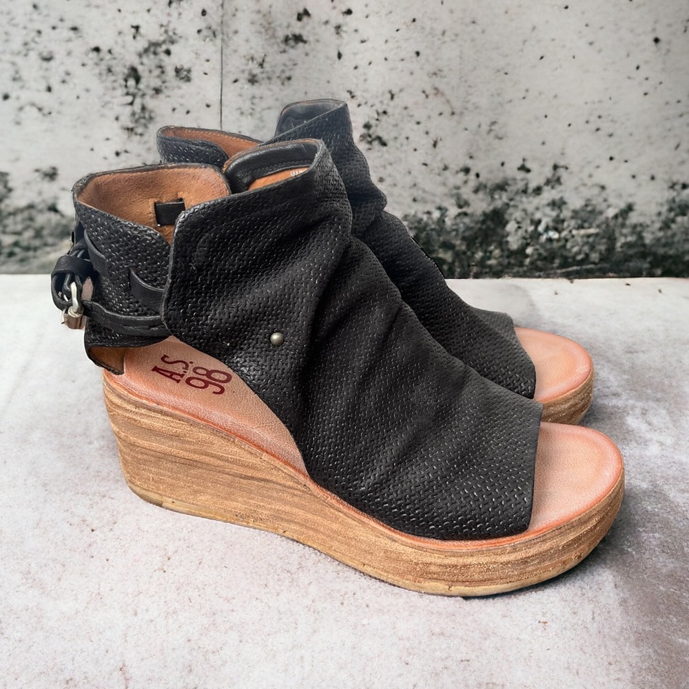 A.S.98 Black Leather Open-Toe Wedge Sandals with Wood-Effect Platform